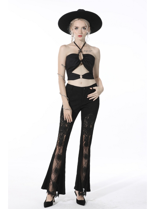 Punk Sexy Hollow Out Lace Pattern Decoration Black Bell Trousers