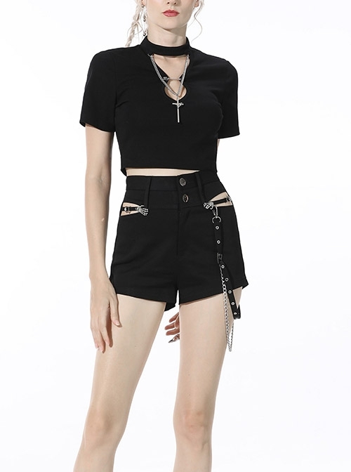 Gothic Metal Ghost Hand Decoration Black High Waist Mini Shorts