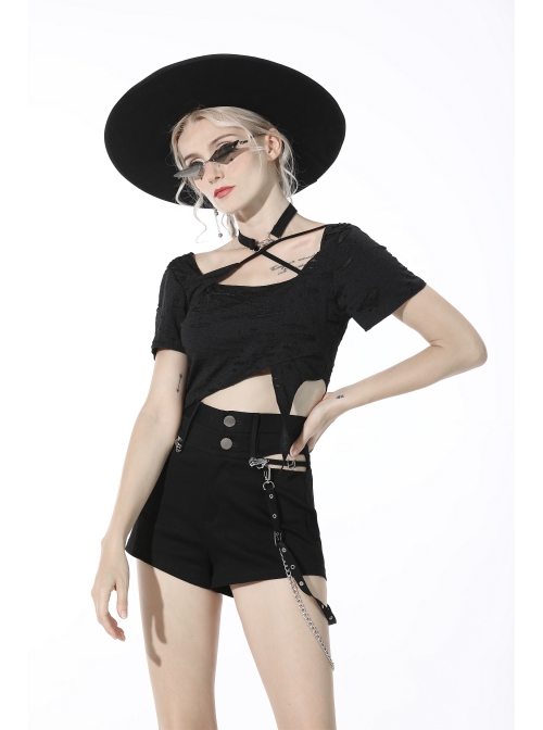 Gothic Metal Ghost Hand Decoration Black High Waist Mini Shorts