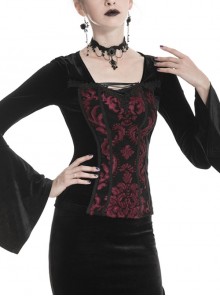 Gothic Black And Red Graphic Printing Design Chest Strap Decoration Flared Sleeves Female T-shirt