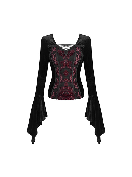 Gothic Black And Red Graphic Printing Design Chest Strap Decoration Flared Sleeves Female T-shirt