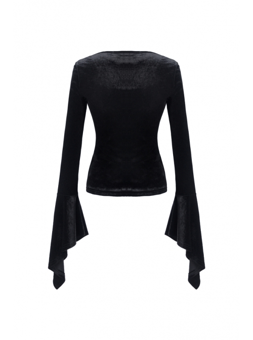 Gothic Black And Red Graphic Printing Design Chest Strap Decoration Flared Sleeves Female T-shirt