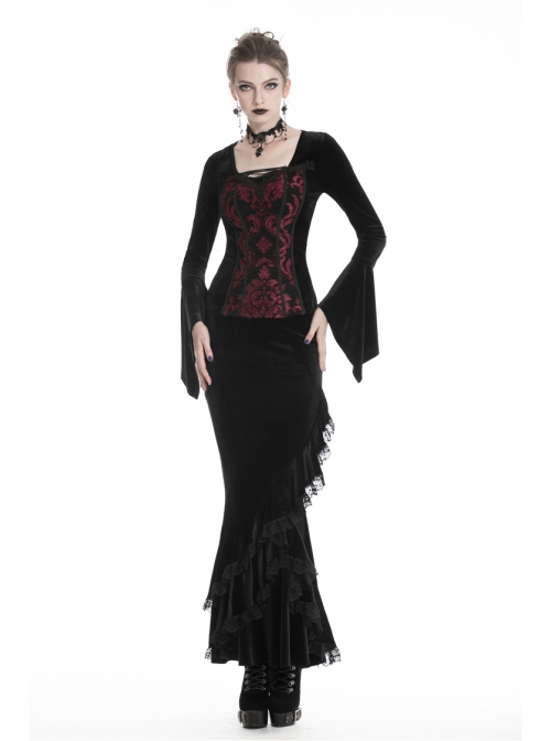 Gothic Black And Red Graphic Printing Design Chest Strap Decoration Flared Sleeves Female T-shirt