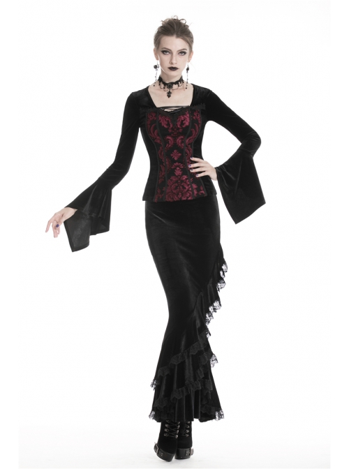 Gothic Black And Red Graphic Printing Design Chest Strap Decoration Flared Sleeves Female T-shirt
