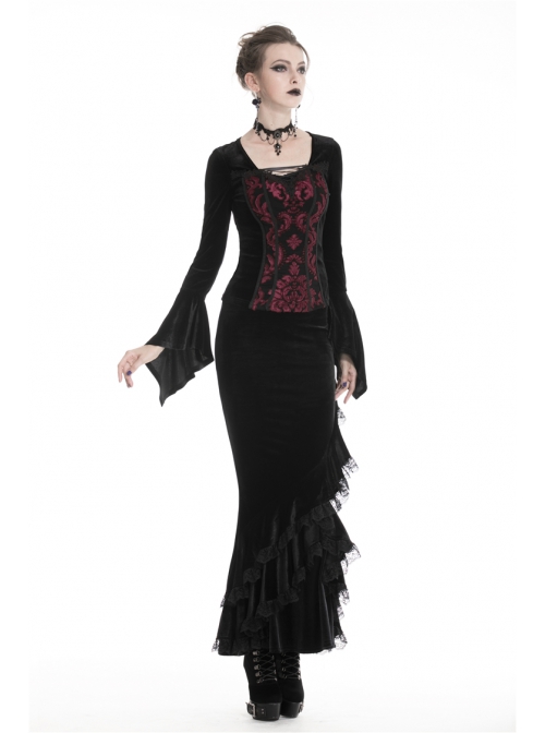 Gothic Black And Red Graphic Printing Design Chest Strap Decoration Flared Sleeves Female T-shirt