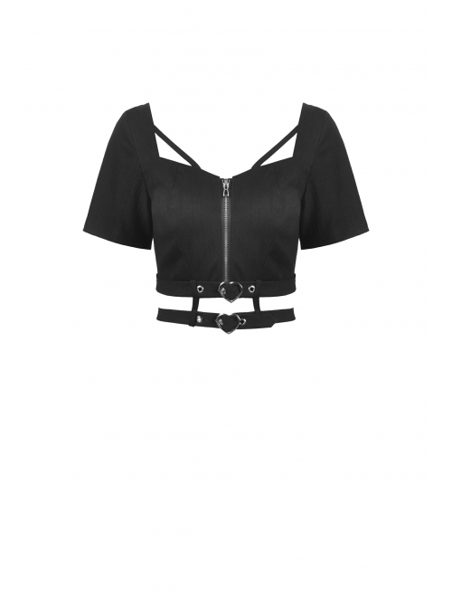 Black Punk Heart-Shaped Metal Buckle Decoration Sexy Waist Zip Top