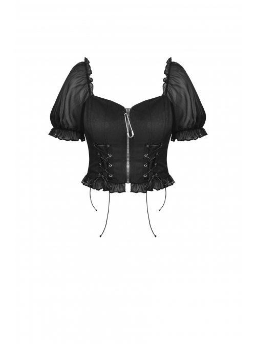 Gothic Black Strappy Waist Design Metal Pin Zip Short Top