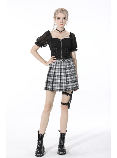 Gothic Black Strappy Waist Design Metal Pin Zip Short Top