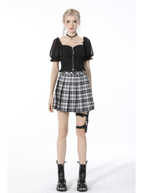 Gothic Black Strappy Waist Design Metal Pin Zip Short Top
