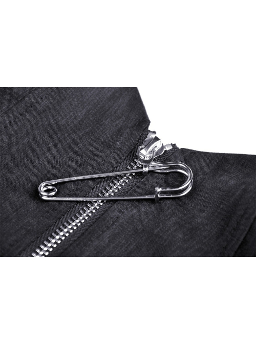 Gothic Black Strappy Waist Design Metal Pin Zip Short Top