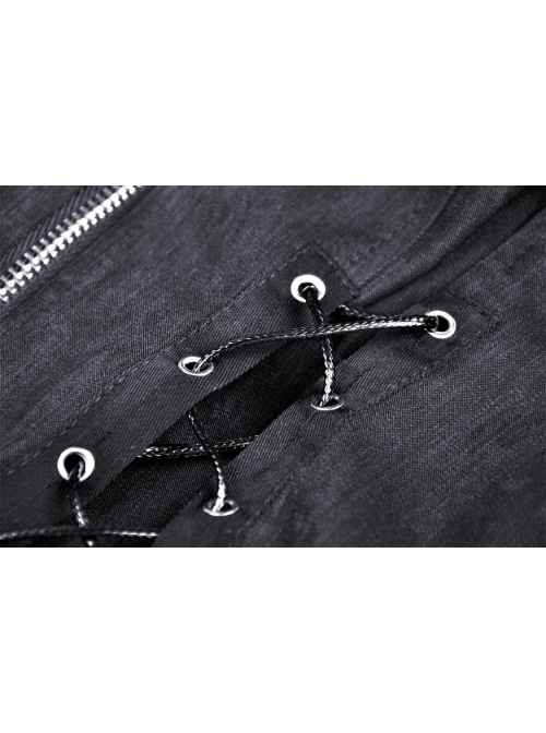 Gothic Black Strappy Waist Design Metal Pin Zip Short Top