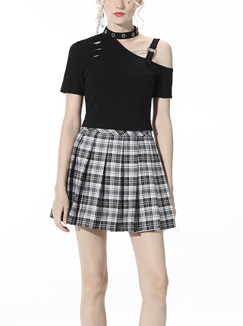 Punk Metal Orifice Decoration Sexy Asymmetrical Black Cold Shoulder Top