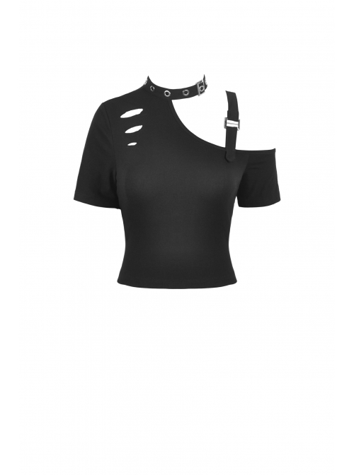 Punk Metal Orifice Decoration Sexy Asymmetrical Black Cold Shoulder Top
