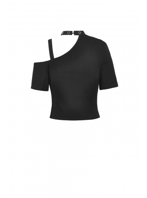 Punk Metal Orifice Decoration Sexy Asymmetrical Black Cold Shoulder Top