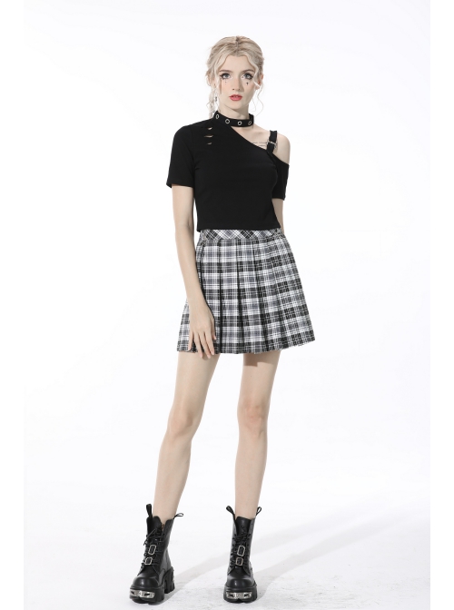 Punk Metal Orifice Decoration Sexy Asymmetrical Black Cold Shoulder Top