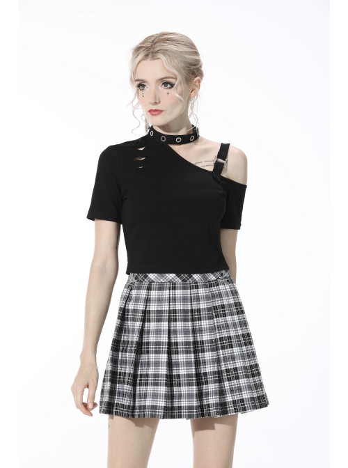 Punk Metal Orifice Decoration Sexy Asymmetrical Black Cold Shoulder Top