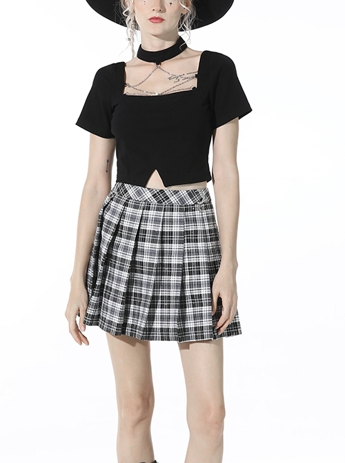 Black Punk Metal Chain Decoration Chest Square Neck Short Top