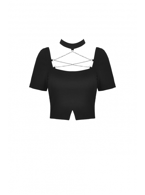 Black Punk Metal Chain Decoration Chest Square Neck Short Top