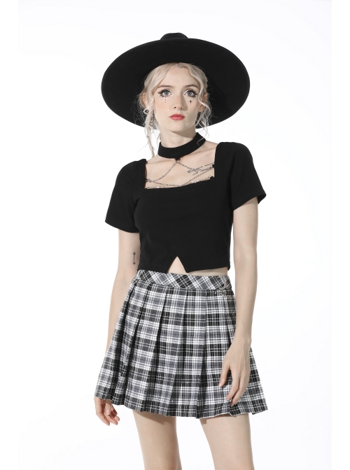 Black Punk Metal Chain Decoration Chest Square Neck Short Top