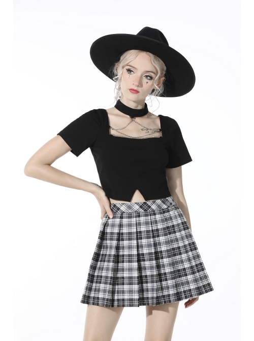 Black Punk Metal Chain Decoration Chest Square Neck Short Top