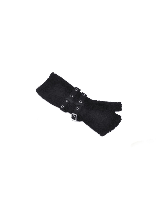 Black Punk Metal Orifice Decoration Warm Wooly Heart-Shaped Plaid Cat Claw Gloves