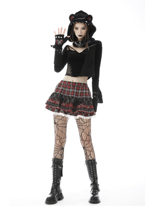 Black Punk Metal Orifice Decoration Warm Wooly Heart-Shaped Plaid Cat Claw Gloves