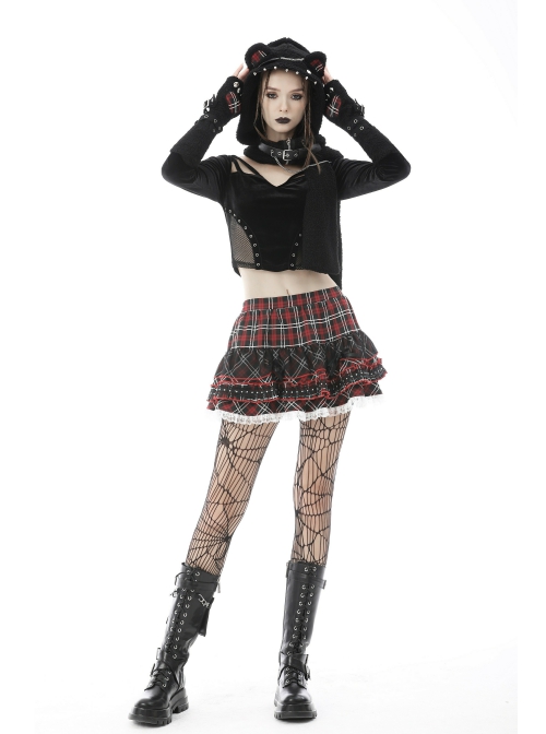 Black Punk Metal Orifice Decoration Warm Wooly Heart-Shaped Plaid Cat Claw Gloves