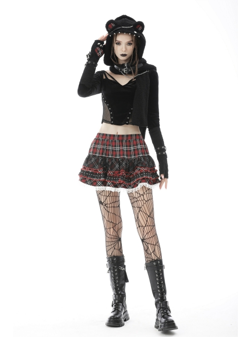 Black Punk Metal Orifice Decoration Warm Wooly Heart-Shaped Plaid Cat Claw Gloves