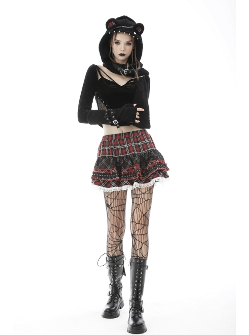Black Punk Metal Orifice Decoration Warm Wooly Heart-Shaped Plaid Cat Claw Gloves