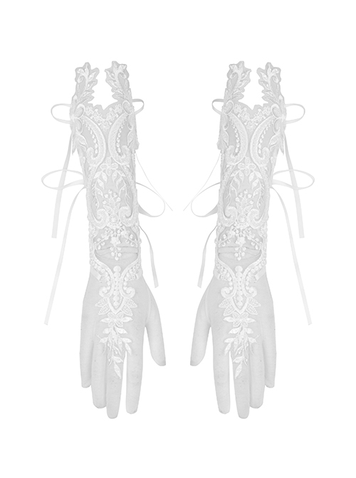 Gothic Women White Strap Design Pattern Printing Decoration Embroidery Wedding Gloves