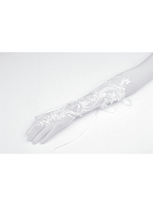 Gothic Women White Strap Design Pattern Printing Decoration Embroidery Wedding Gloves