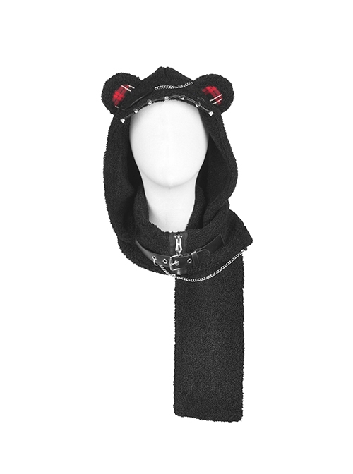 Black Gothic Metal Studded Decoration Plaid Cat Ear Wooly Scarf