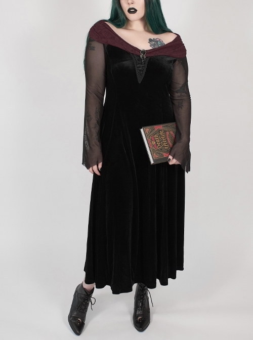 Punk Black Feather Strap design Jewelry Decoration Lace Flared Sleeves Horizontal Neck Dress