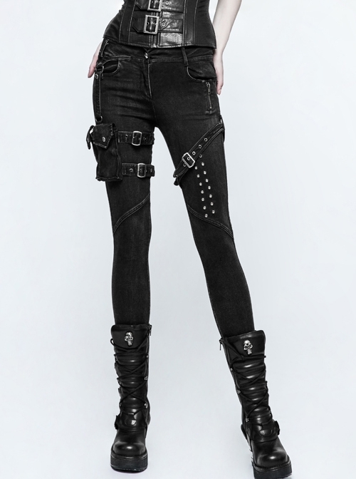Punk Removable Pocket Buttonhole Trim Black Skinny Stretch Denim Trouser