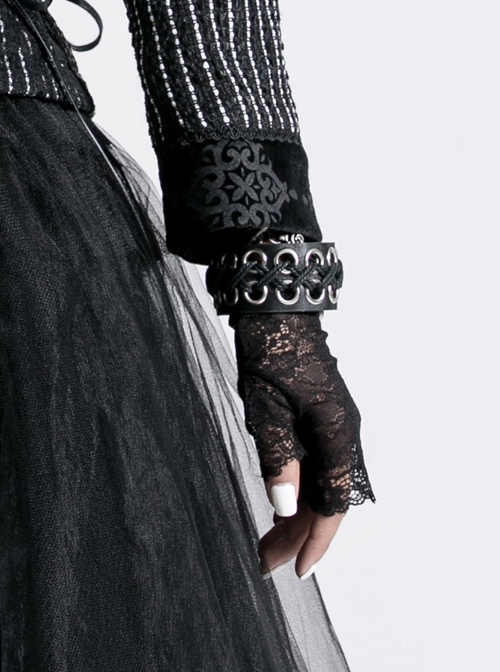 Punk Black Tansparent Lace Pattern Printing Gloves