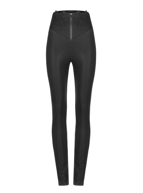 Punk Bat Embroidered Waist Elastic Fine-Grained Fluff Metal Zipper Design Black Tight Leather Pants