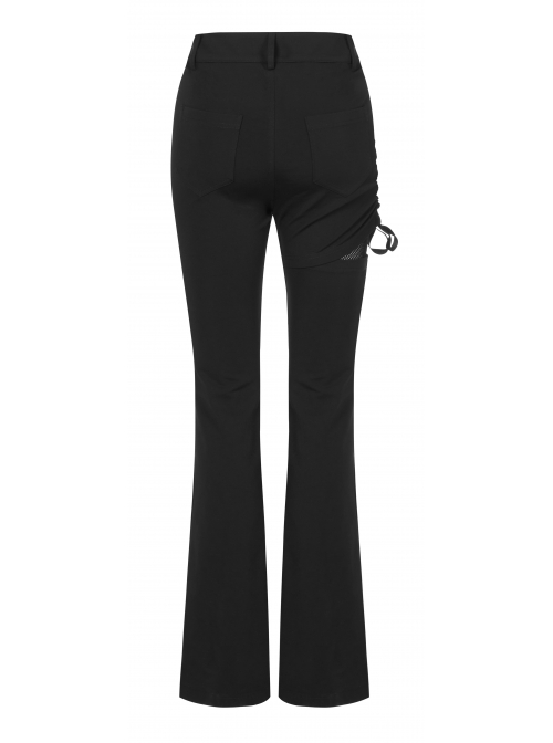 Punk Side Open Drawstring Design Sexy Elastic Black Flared Pants