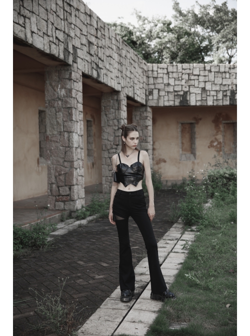 Punk Side Open Drawstring Design Sexy Elastic Black Flared Pants