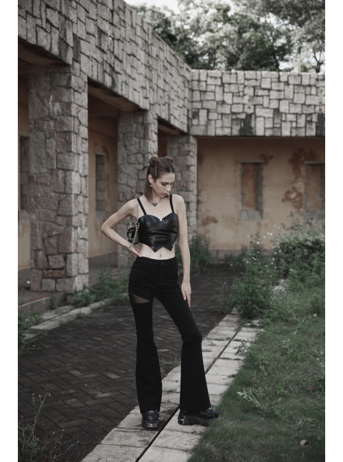 Punk Side Open Drawstring Design Sexy Elastic Black Flared Pants