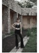 Punk Side Open Drawstring Design Sexy Elastic Black Flared Pants