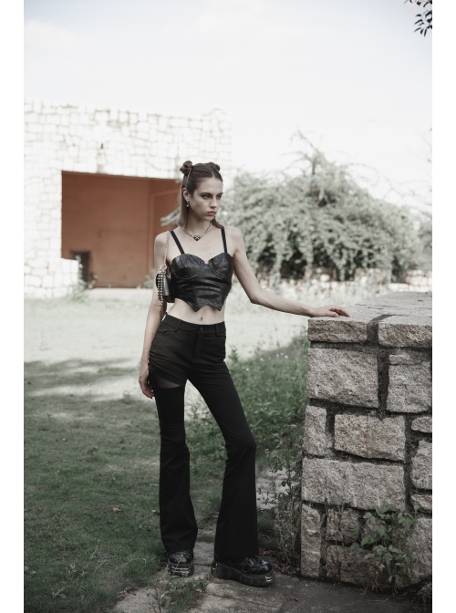 Punk Side Open Drawstring Design Sexy Elastic Black Flared Pants
