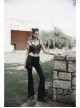 Punk Side Open Drawstring Design Sexy Elastic Black Flared Pants