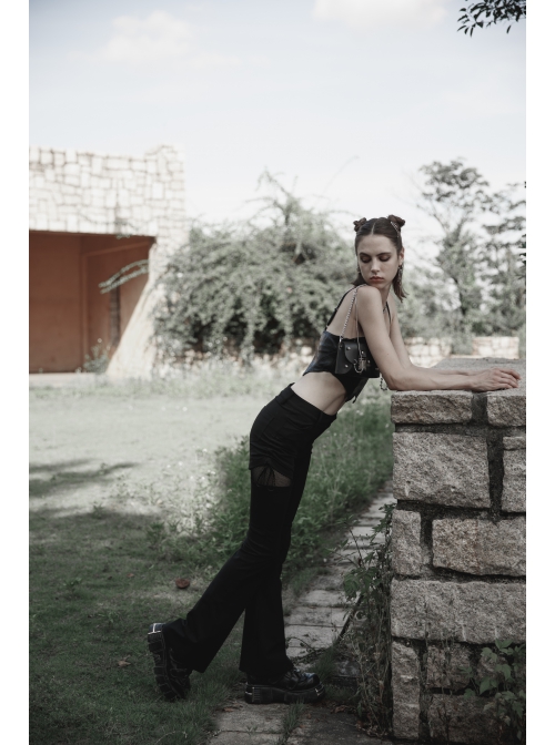 Punk Side Open Drawstring Design Sexy Elastic Black Flared Pants