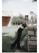 Punk Side Open Drawstring Design Sexy Elastic Black Flared Pants