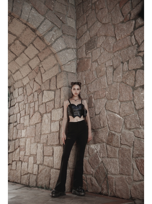 Punk Side Open Drawstring Design Sexy Elastic Black Flared Pants