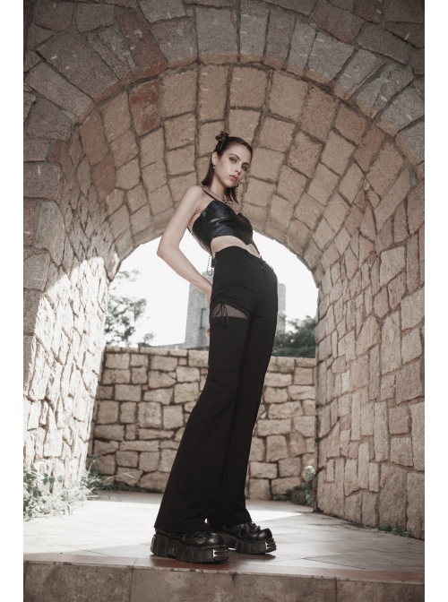 Punk Side Open Drawstring Design Sexy Elastic Black Flared Pants