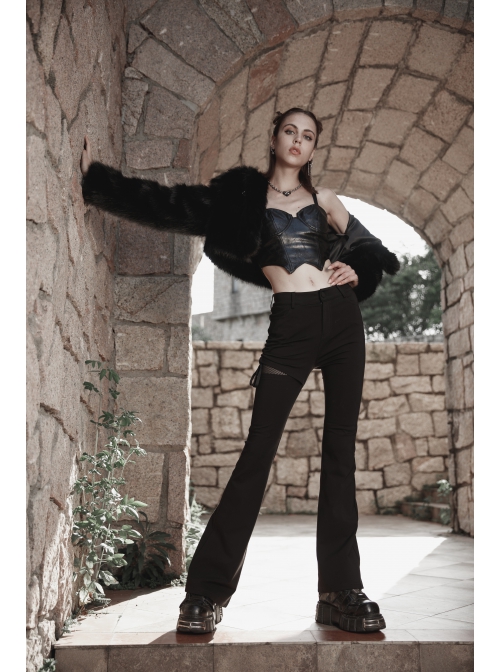 Punk Side Open Drawstring Design Sexy Elastic Black Flared Pants