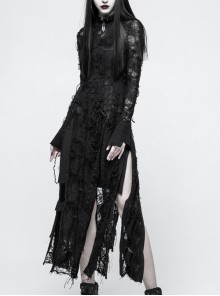 Gothic Retro Rose Pattern Printing Decoration Black Lace Rope Dress