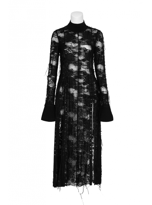 Gothic Retro Rose Pattern Printing Decoration Black Lace Rope Dress