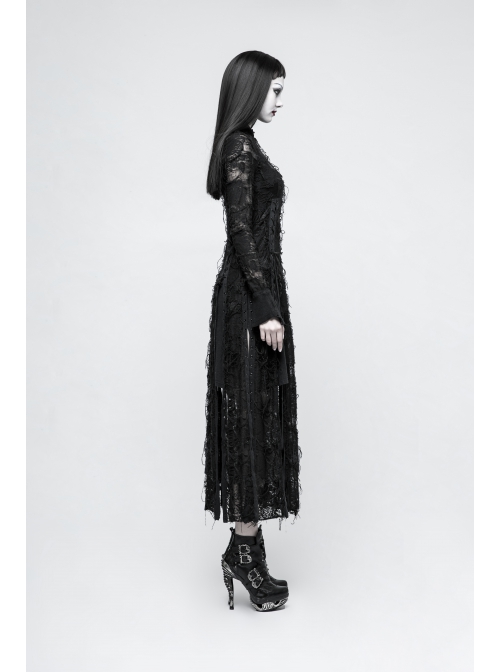 Gothic Retro Rose Pattern Printing Decoration Black Lace Rope Dress